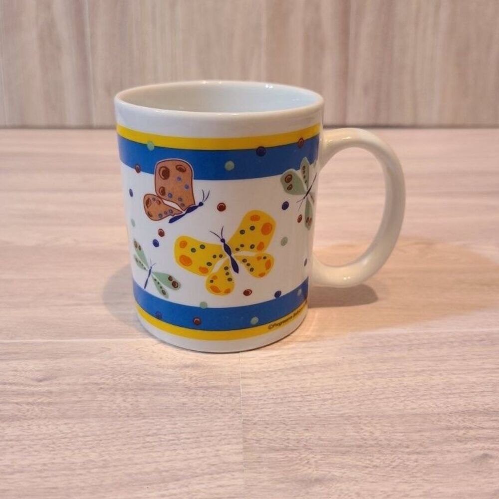 Vintage Butterfly Ceramic Coffee Mug Tea Cup Yellow Dragonfly Floral Nature 12oz